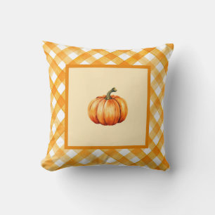 Farmhouse Pumpkin Orange Plaid Cozy Autumn Accent Throw Pillow
