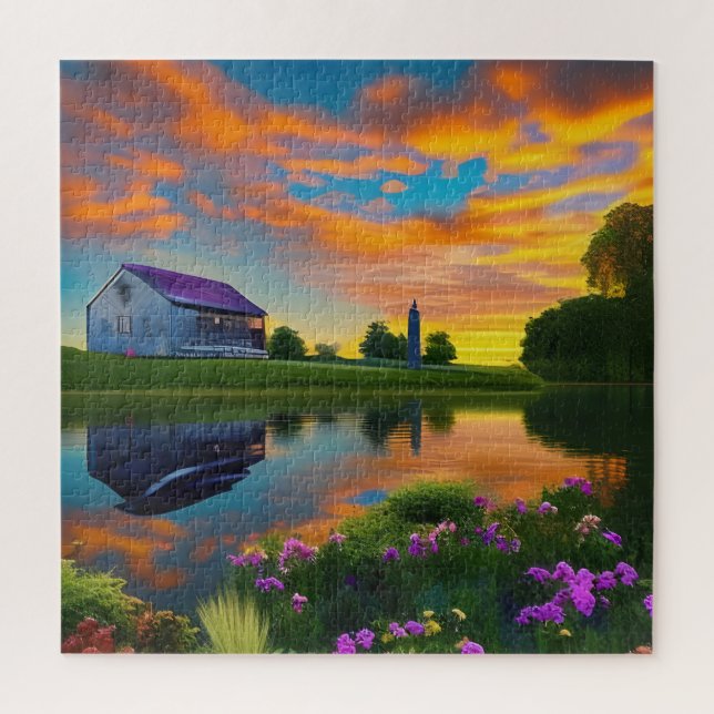 Farmhouse Purple Roof Pond at Sunrise  Jigsaw Puzzle (Vertical)