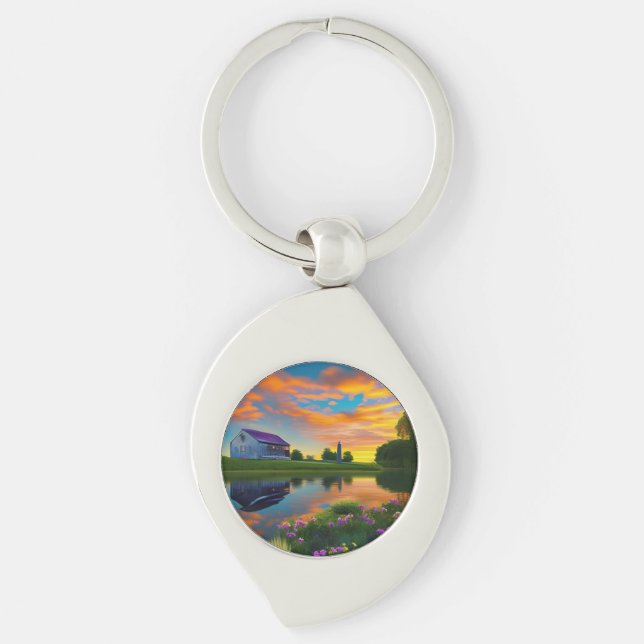 Farmhouse Purple roof Pond at Sunrise  Keychain (Front)