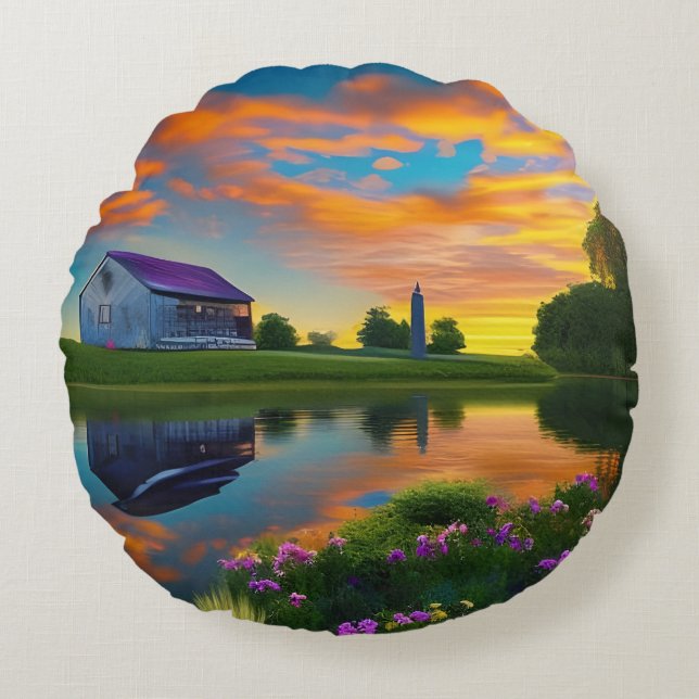 Farmhouse Purple Roof Pond at Sunrise  Round Pillow (Front)