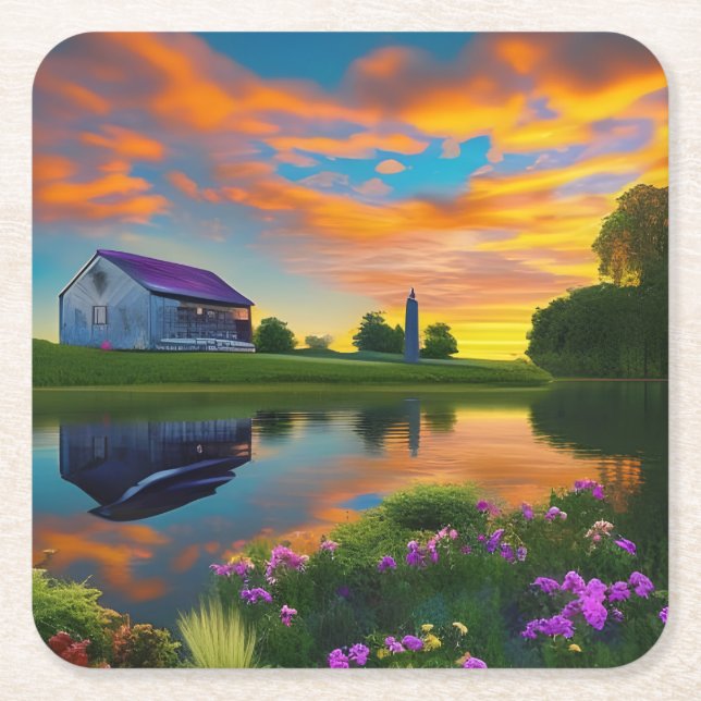 Farmhouse Purple Roof Pond at Sunrise   Square Paper Coaster (Front)