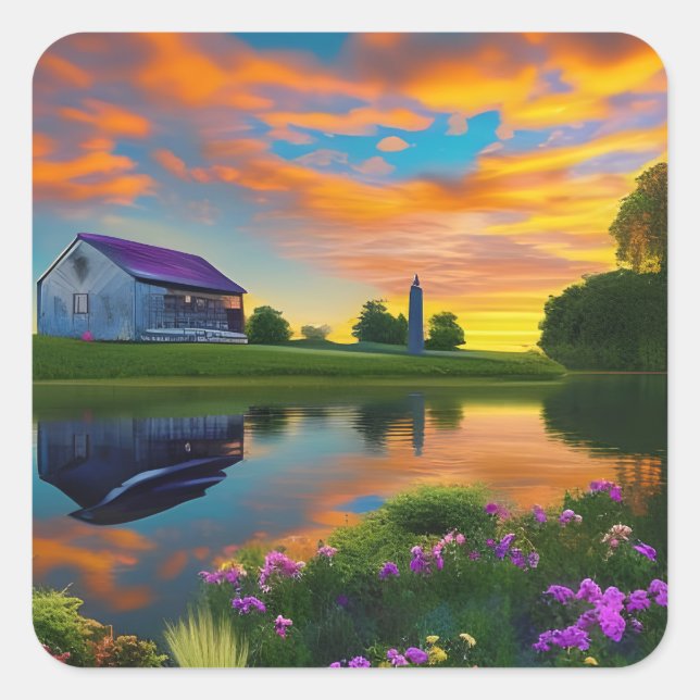 Farmhouse Purple roof Pond at Sunrise   Square Sticker (Front)