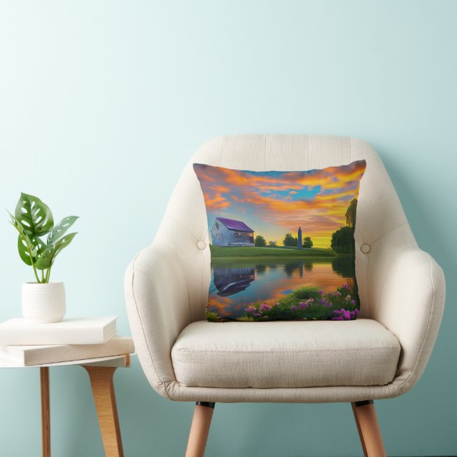Farmhouse Purple Roof Pond at Sunrise Throw Pillow (Chair)