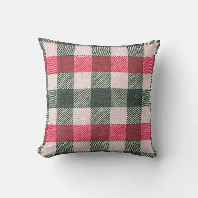 Farmhouse Red and Green Gingham Throw Pillow (Front)