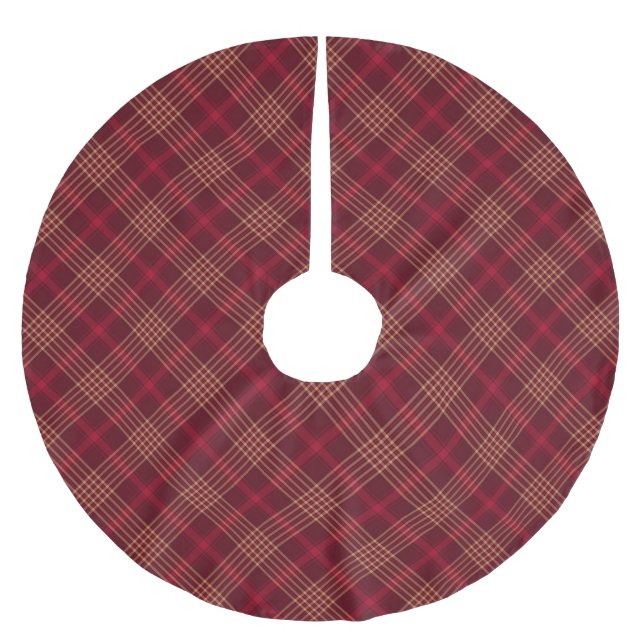 Farmhouse red bordeaux gold plaid diagonal pattern brushed polyester tree skirt (Front)