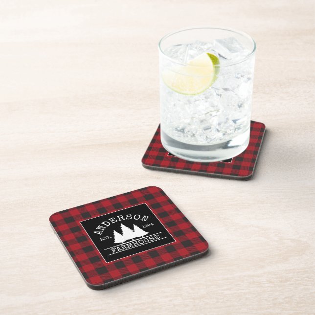 Farmhouse Red Buffalo Plaid Family Name Coaster (Right Side)