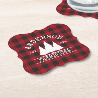 Farmhouse Red Buffalo Plaid Family Name Paper Coaster