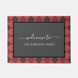 Farmhouse Red Buffalo Plaid Personalized Welcome Doormat