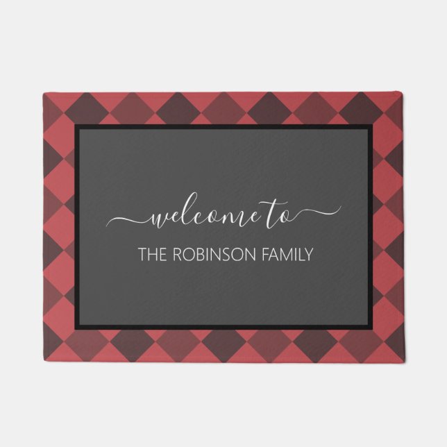 Farmhouse Red Buffalo Plaid Personalized Welcome Doormat (Front)
