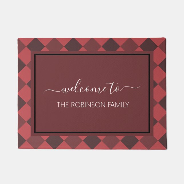 Farmhouse Red Buffalo Plaid Personalized Welcome Doormat (Front)