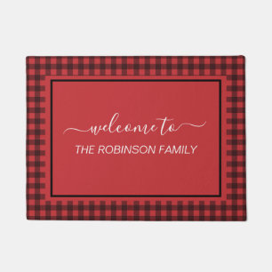 Farmhouse Red Buffalo Plaid Personalized Welcome Doormat