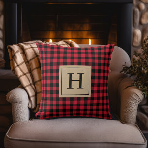 Farmhouse Red Gingham Check Plaid Monogram Throw Pillow