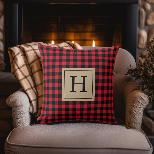 Farmhouse Red Gingham Check Plaid Monogram Throw Pillow (Creator Uploaded)