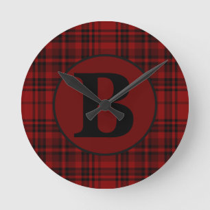 FARMHOUSE RED GINGHAM CHECKERED PLAID  ROUND CLOCK