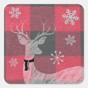 Farmhouse Red & Grey Buffalo Plaid Deer Snowflake Square Sticker