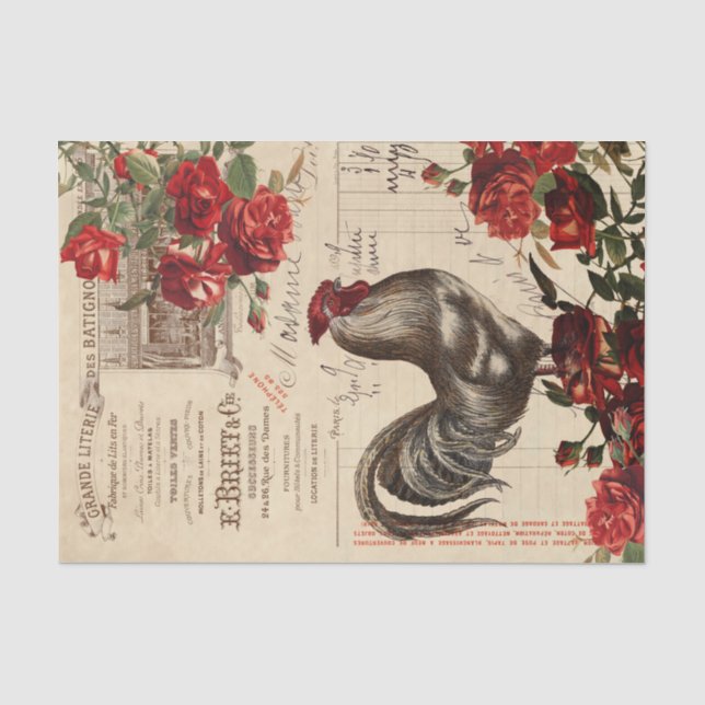 Farmhouse Rooster Roses Decoupage Ephemera Tissu T Tissue Paper (Front)