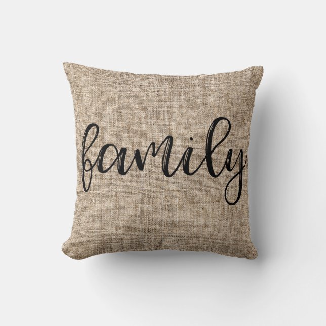 Farmhouse Rustic Brown Sacking Burlap FAMILY Throw Pillow (Front)