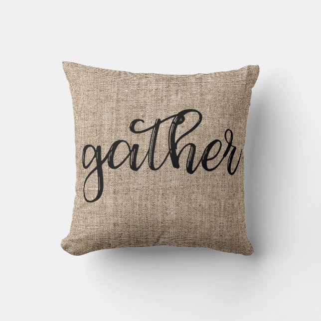 Farmhouse Rustic Brown Sacking Burlap GATHER Throw Pillow (Front)