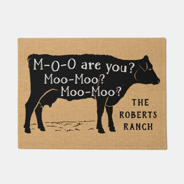 Farmhouse Rustic Burlap Cow Moo Funny Custom Ranch Doormat (Front)