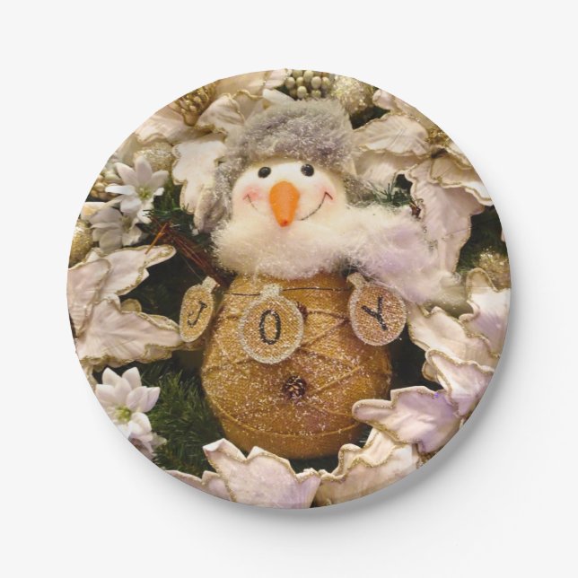 Farmhouse Rustic Burlap Snowman Poinsettia Holiday Paper Plate (Front)
