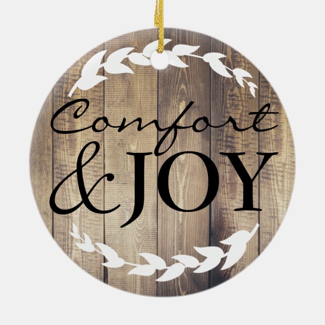 Farmhouse Rustic Comfort & Joy Family Name Ceramic Ornament (Back)