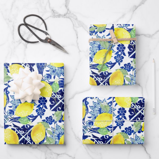 Farmhouse Rustic Country Lemons Blue Floral Wrapping Paper Sheet (Front)