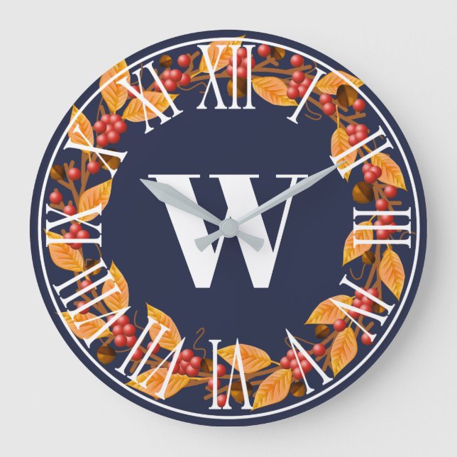 Farmhouse Rustic Fall Wreath & Navy Large Clock (Front)