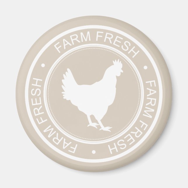Farmhouse Rustic Farm Fresh White Hen on Taupe Magnet (Front)