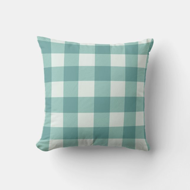 Farmhouse Rustic Teal White Buffalo Plaid Square Throw Pillow (Front)