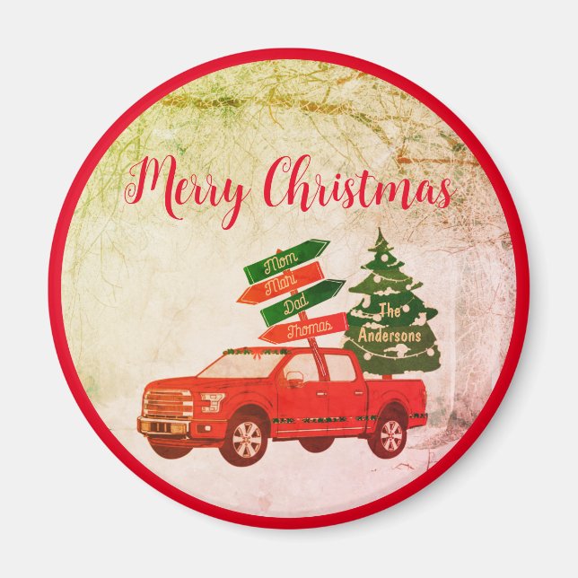 Farmhouse Rustic Vintage Merry Christmas Red Truck Magnet (Front)