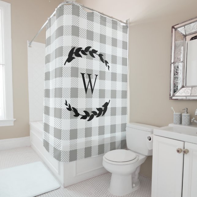 Farmhouse Rustic White Plaid Black Laurel Monogram (In Situ)