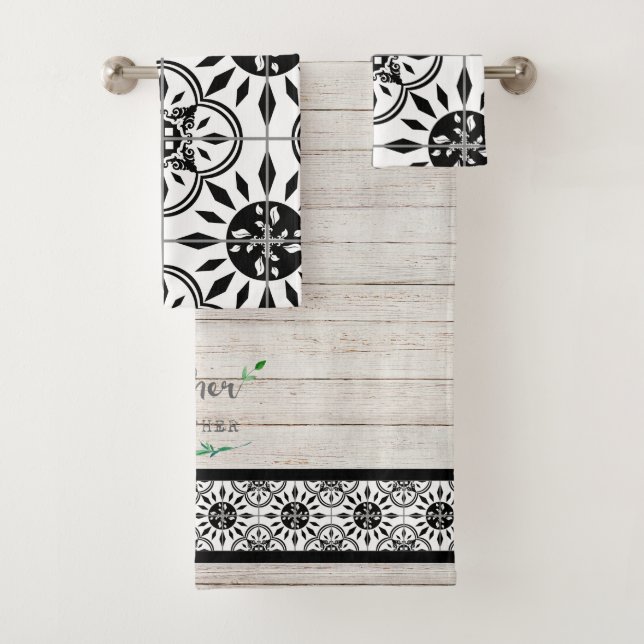 Farmhouse Rustic Wood Black White Gather Together Bath Towel Set (Insitu)