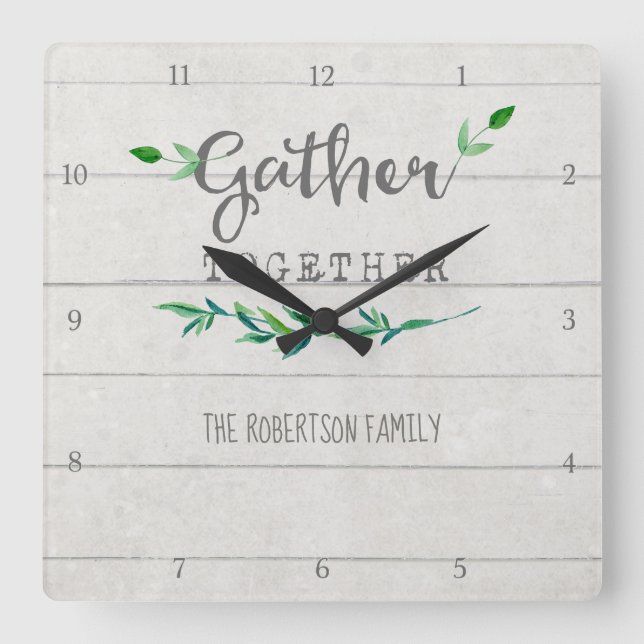 Farmhouse Shiplap Wood Simple Leaf Gather Together Square Wall Clock (Front)