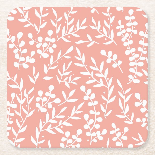 Farmhouse simple floral pattern on pink square paper coaster (Front)