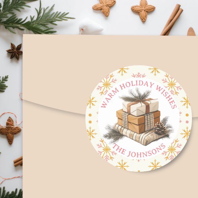 Farmhouse Stack of Christmas Gifts Personalized Classic Round Sticker (Creator Uploaded)