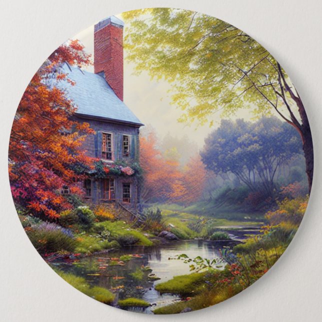 Farmhouse/stream/woods/painting  6 inch round button (Front)