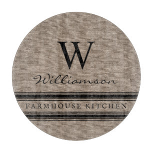 Farmhouse Style Burlap Monogrammed Family Name  Cutting Board