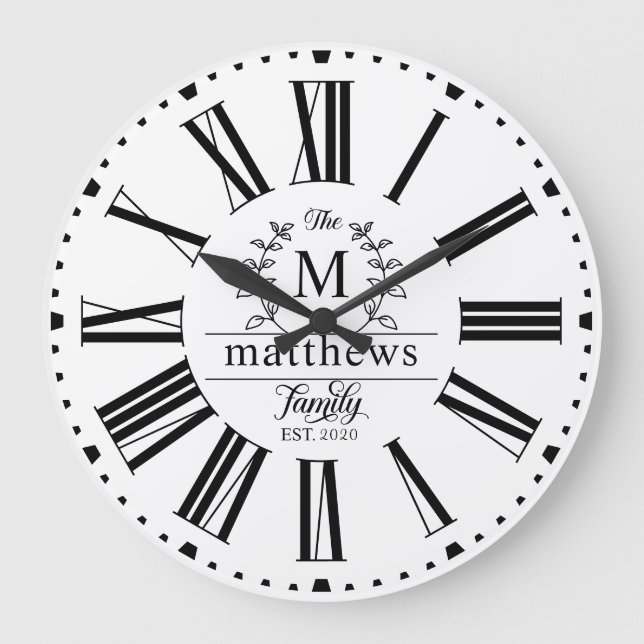 Farmhouse Style Family Monogram Name Laurel Wreath Large Clock (Front)