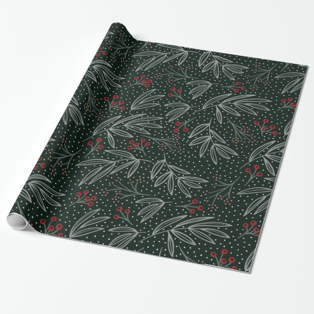 Farmhouse Style Navy Foliage & Berries Wrapping Paper (Unrolled)