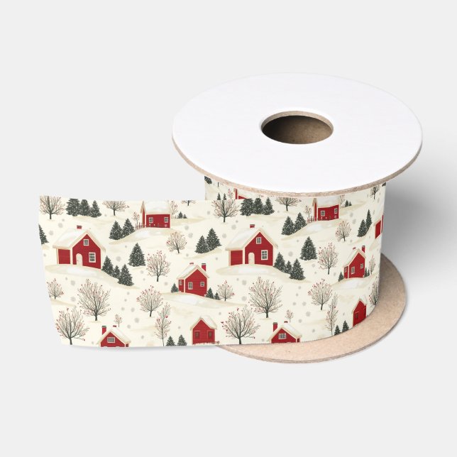 Farmhouse Style Red Winter House and Trees  Satin Ribbon (Spool)