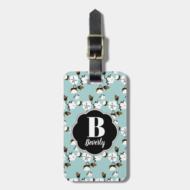 Farmhouse Style Rustic Cotton Flowers & Teal Luggage Tag (Front Vertical)