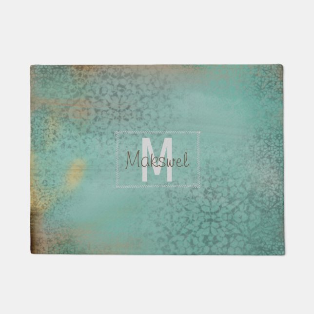 Farmhouse Style Rustic Teal Monogramed Doormat (Front)