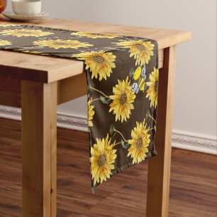 Farmhouse Style Sunflower and Bees on Brown  Short Table Runner