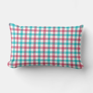 Farmhouse Teal and Coral Red Gingham Pattern Lumbar Pillow