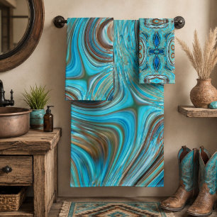 farmhouse teal blue Woodgrain turquoise swirls Bath Towel Set