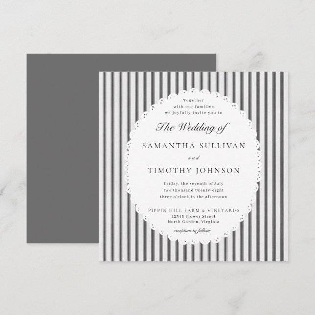 Farmhouse Ticking Stripe Scalloped Lace Wedding Invitation (Front/Back)
