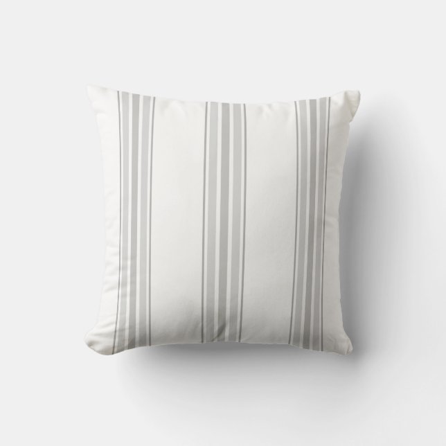 Farmhouse Ticking Stripes, Grey on White Throw Pillow (Front)