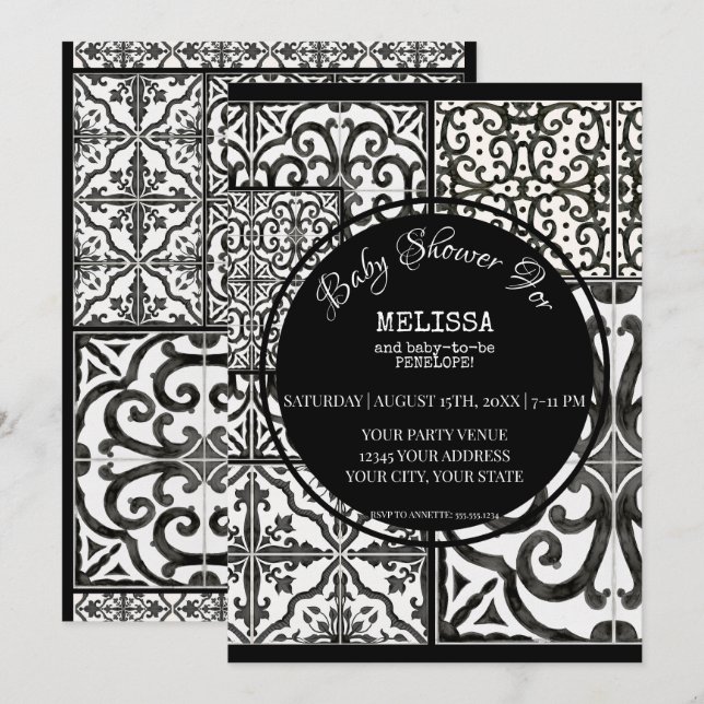 Farmhouse Tile Black White Modern Baby Shower Invitation (Front/Back)