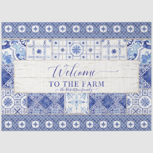 Farmhouse Tile Blue White Rustic Wood Decoupage Tissue Paper (Front)