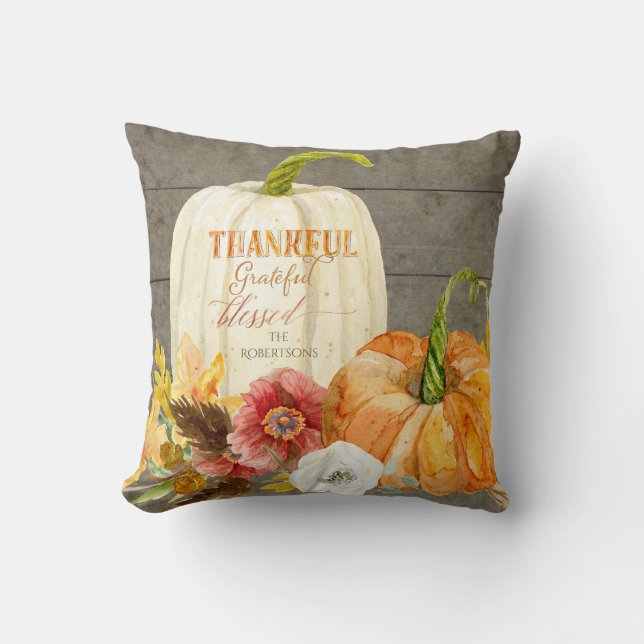 Farmhouse Typography Pumpkin Red Poppy Fall Wood Throw Pillow (Front)